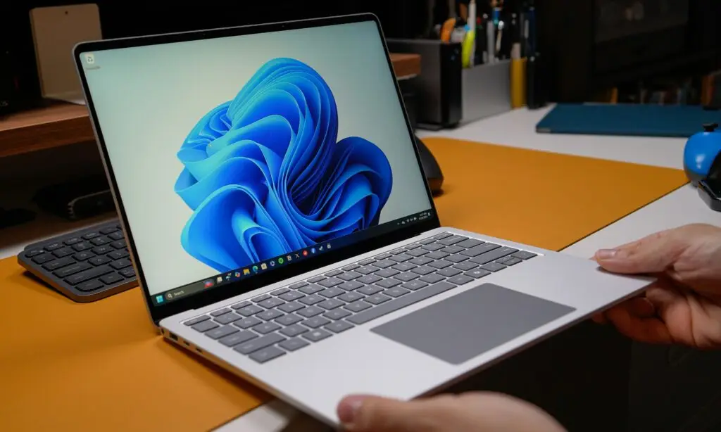 Persona sosteniendo un portátil con Windows 11 sobre un escritorio